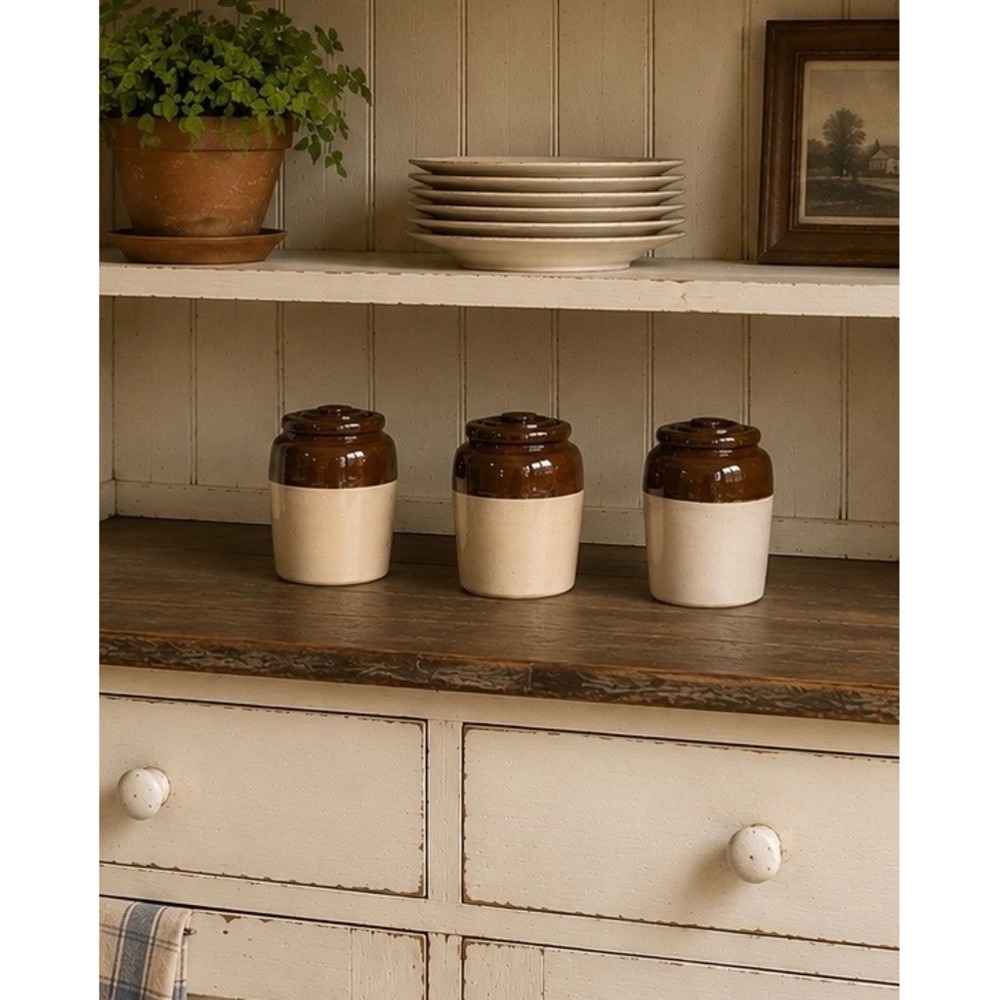 Set of 3 Vintage Style Two Tone Brown Tan Stoneware Crocks with Lids 4"